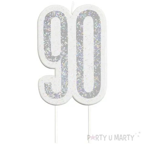 swieczka na tort 90 urodziny glitz srebrna brokatowa unique 10 cm