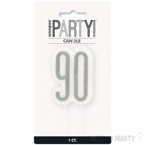 swieczka na tort 90 urodziny glitz srebrna brokatowa unique 10 cm