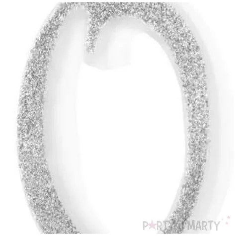 swieczka na tort cyferka 0 brokatowa srebrna partypal