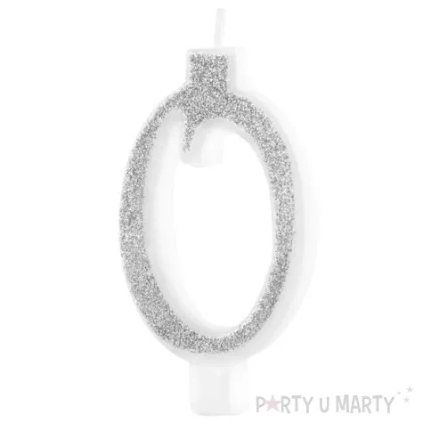 swieczka na tort cyferka 0 brokatowa srebrna partypal
