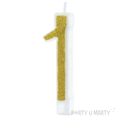 swieczka na tort cyferka 1 brokatowa zlota partypal