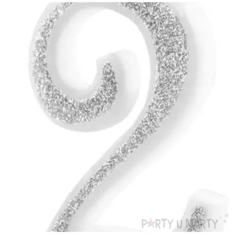 swieczka na tort cyferka 2 brokatowa srebrna partypal