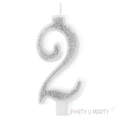 swieczka na tort cyferka 2 brokatowa srebrna partypal