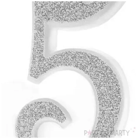 swieczka na tort cyferka 5 brokatowa srebrna partypal