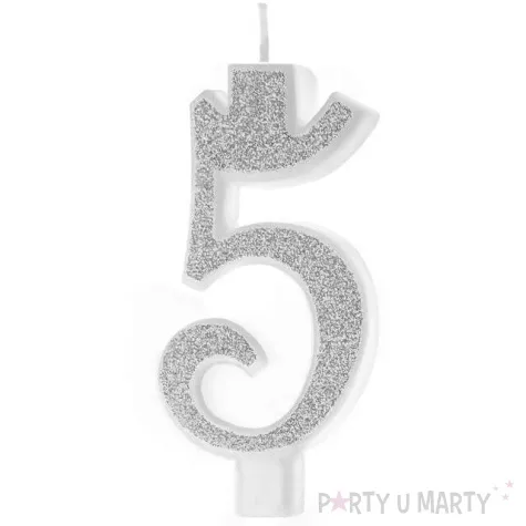 swieczka na tort cyferka 5 brokatowa srebrna partypal