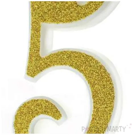 swieczka na tort cyferka 5 brokatowa zlota partypal