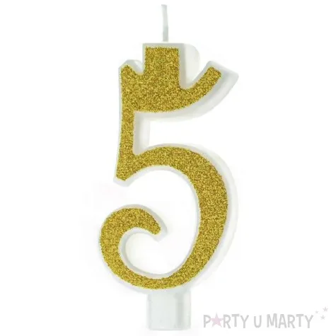 swieczka na tort cyferka 5 brokatowa zlota partypal