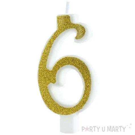 swieczka na tort cyferka 6 brokatowa zlota partypal