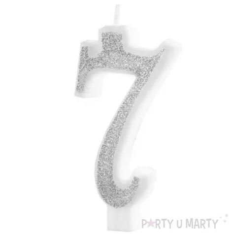 swieczka na tort cyferka 7 brokatowa srebrna partypal