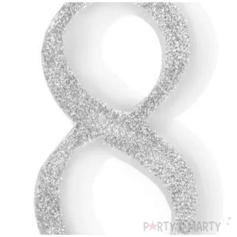 swieczka na tort cyferka 8 brokatowa srebrna partypal