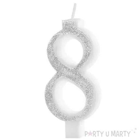 swieczka na tort cyferka 8 brokatowa srebrna partypal