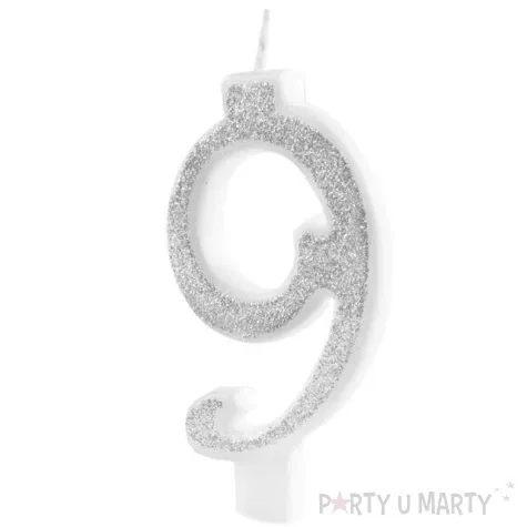swieczka na tort cyferka 9 brokatowa srebrna partypal