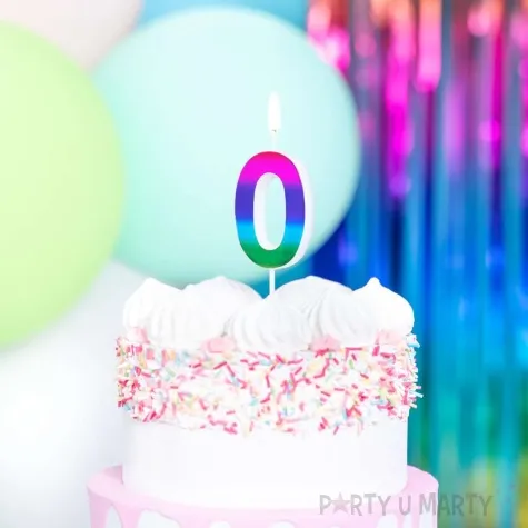 swieczka na tort cyfra 0 blyszczaca teczowy partypal 5 cm