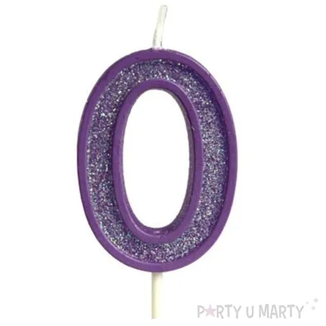 swieczka na tort cyfra 0 brokat fioletowa guirca 4 cm
