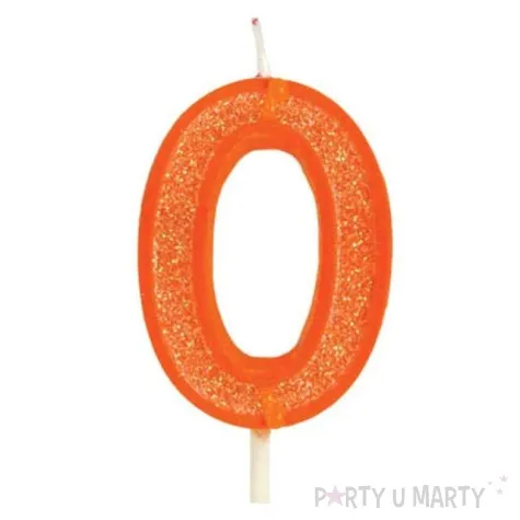 swieczka na tort cyfra 0 brokat pomaranczowa guirca 4 cm