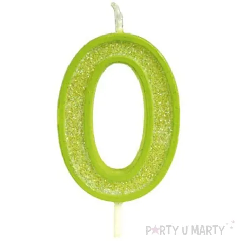 swieczka na tort cyfra 0 brokat zielona guirca 4 cm