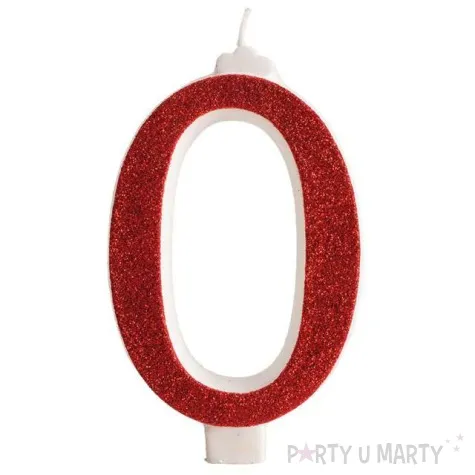 swieczka na tort cyfra 0 czerwona brokatowa dekora