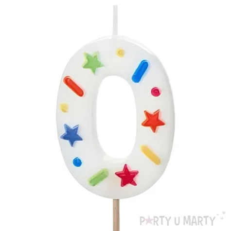 swieczka na tort cyfra 0 konfetti bialy partydeco 10 cm