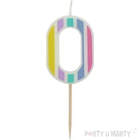 swieczka na tort cyfra 0 pastelowe paski mix folat 5 cm