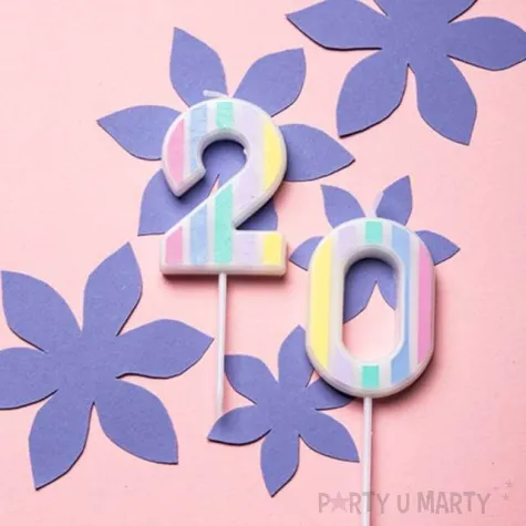 swieczka na tort cyfra 0 pastelowe paski mix folat 5 cm