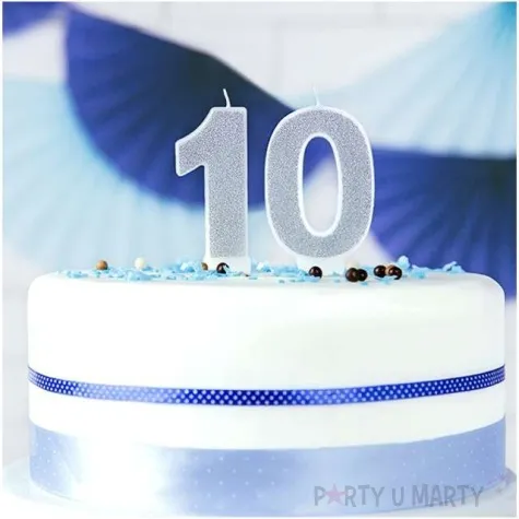 swieczka na tort cyfra 0 srebrna brokatowa partydeco 7 cm