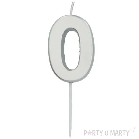swieczka na tort cyfra 0 srebrna folat 8 cm
