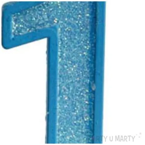 swieczka na tort cyfra 1 brokat niebieska guirca 4 cm