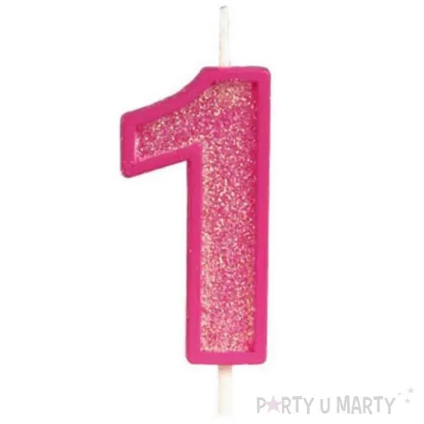 swieczka na tort cyfra 1 brokat rozowa guirca 4 cm