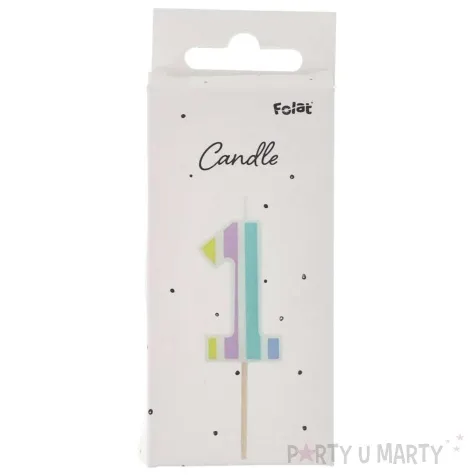 swieczka na tort cyfra 1 pastelowe paski mix folat 5 cm