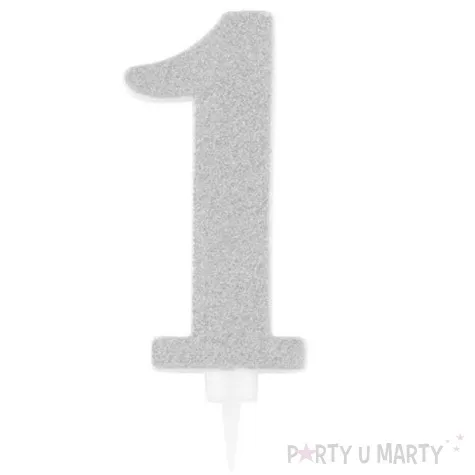 swieczka na tort cyfra 1 srebrna brokatowa givi 15 5 cm
