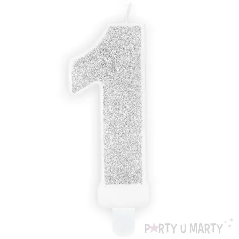 swieczka na tort cyfra 1 srebrna brokatowa partydeco 7 cm