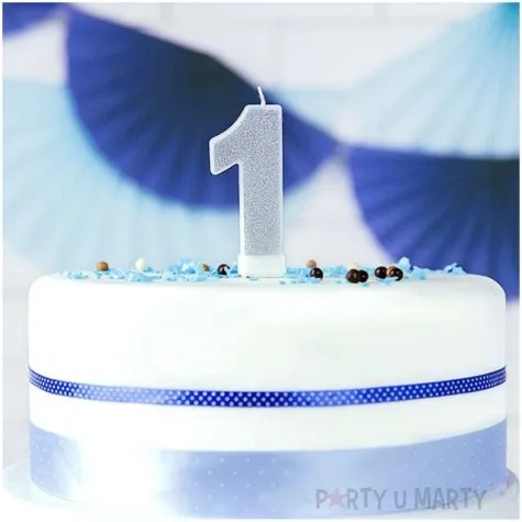 swieczka na tort cyfra 1 srebrna brokatowa partydeco 7 cm