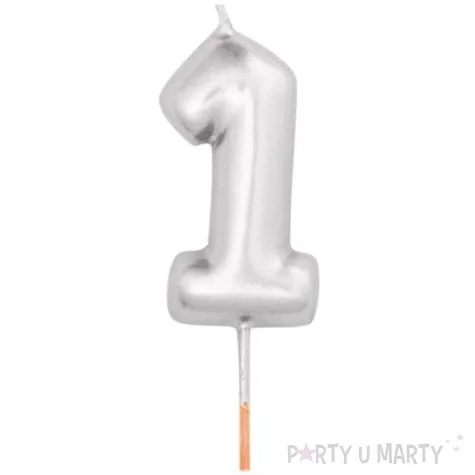 swieczka na tort cyfra 1 srebrny metalik givi 8 cm