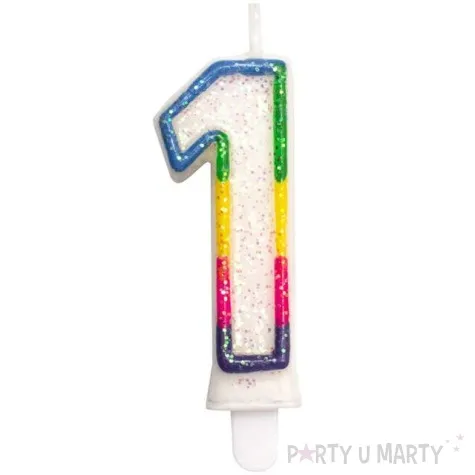 swieczka na tort cyfra 1 teczowa brokatowa kraszek 7 cm