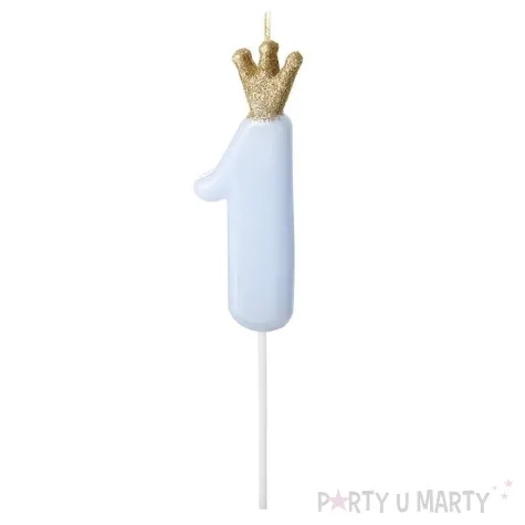 swieczka na tort cyfra 1 w koronie blekitna partydeco 9 5 cm