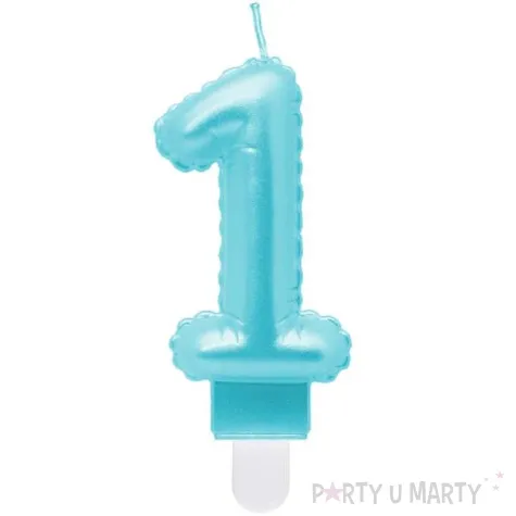 swieczka na tort cyfra 1 wypustki niebieska jasna perlowa godan 7 cm