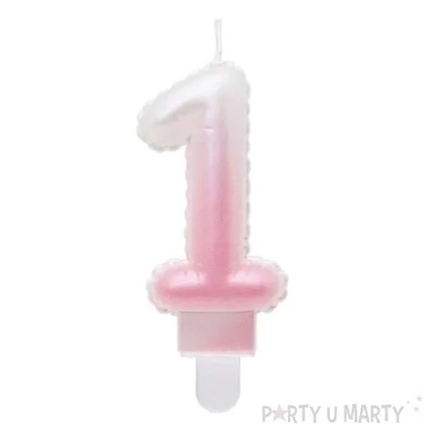 swieczka na tort cyfra 1 wypustki ombre bialo rozowa perlowa godan 7 cm