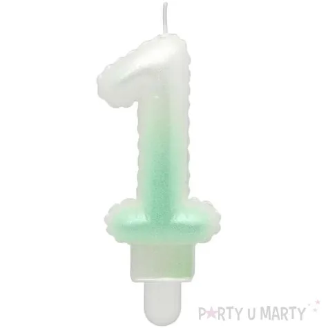 swieczka na tort cyfra 1 wypustki ombre bialo zielona perlowa godan 7 cm