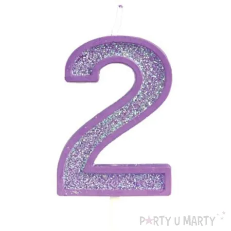 swieczka na tort cyfra 2 brokat fioletowa guirca 4 cm