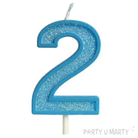 swieczka na tort cyfra 2 brokat niebieska guirca 4 cm