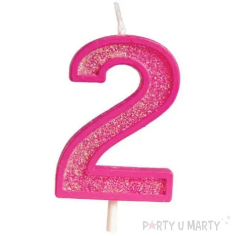 swieczka na tort cyfra 2 brokat rozowa guirca 4 cm