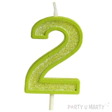 swieczka na tort cyfra 2 brokat zielona guirca 4 cm
