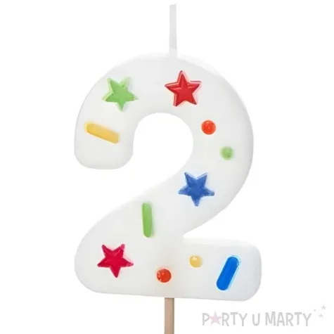 swieczka na tort cyfra 2 konfetti bialy partydeco 10 cm