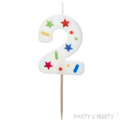 swieczka na tort cyfra 2 konfetti bialy partydeco 10 cm