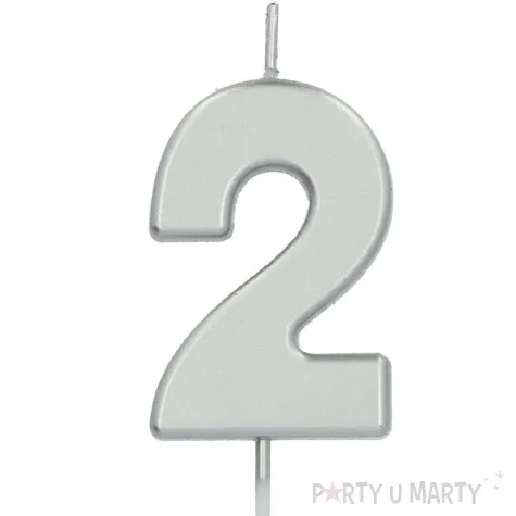 swieczka na tort cyfra 2 srebrna folat 8 cm