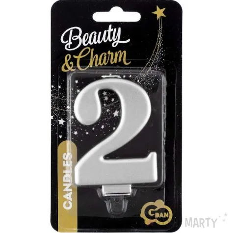swieczka na tort cyfra 2 srebrna godan 8 cm