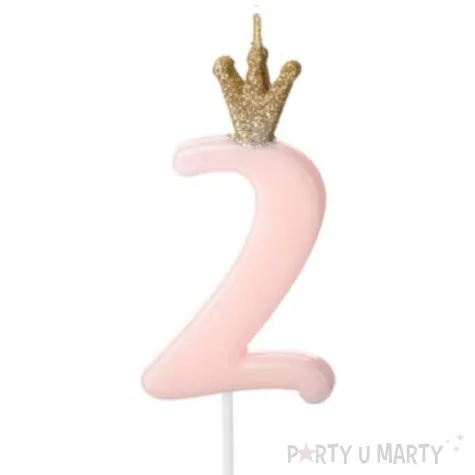 swieczka na tort cyfra 2 w koronie rozowa jasna partydeco 9 5 cm