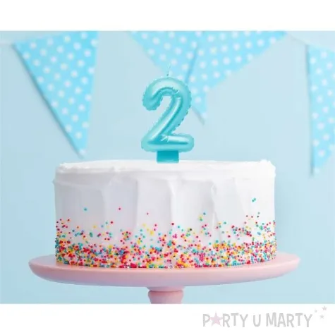 swieczka na tort cyfra 2 wypustki niebieska jasna perlowa godan 7 cm