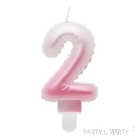 swieczka na tort cyfra 2 wypustki ombre bialo rozowa perlowa godan 7 cm