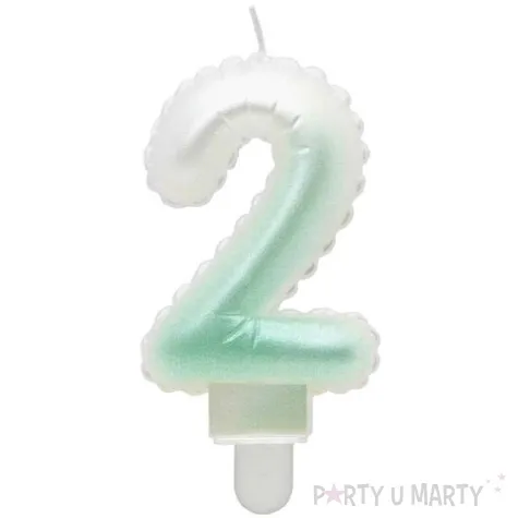 swieczka na tort cyfra 2 wypustki ombre bialo zielona perlowa godan 7 cm